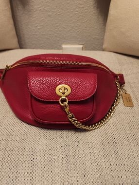 Coach Red Pebbled Leather Crossbody Belt Bag with Gold Hardware